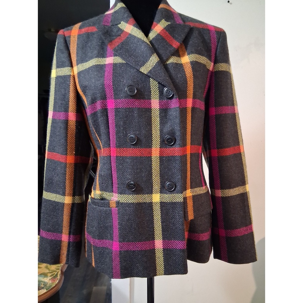 Mondi Collections Womens Virgin Wool Plaid Double Breasted Blazer Grey Pink 36